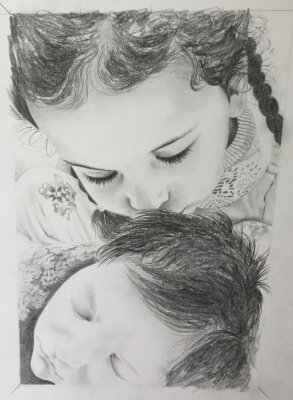 Graphite drawing of two doctors children for NHS Heroes 