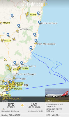 Flightradar24 Screener QF7474 Flight Path Over Pacific Ocean