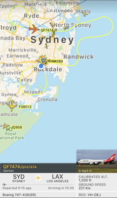 Flightradar24 Screener QF7474 Flight Path Over Sydney
