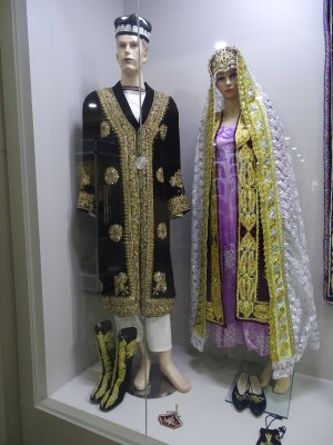 A wedding couple might wear clothing such as this