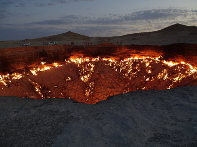 This is the Darvaza gas crater, which has been burning since the 1970s; no one knows how to extinguish it.