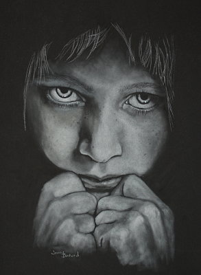 Innocence - white pastel on black paper, 11 x 14.     2019.      Won best of show at Siouxland Artists Annual Competition 2020