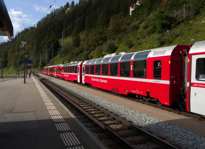 Late afternoon - the Bernina Express leaving Bergn towards Chur