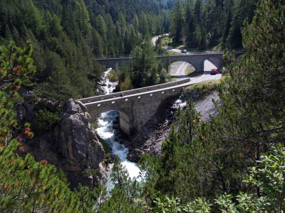 Street and railway bridges crossing the Albula river