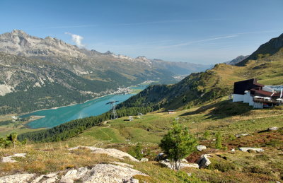 Lake Silvaplana and top station of the Furtschellas cable car