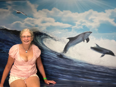No, she isn't surfing with dolphins..  It's a picture folks, believe it or not.