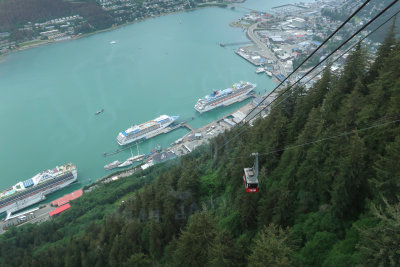 Juneau.  We took the cable car to the top to view the area, then rented a Jeep to go to the Mendenhall Glacier 