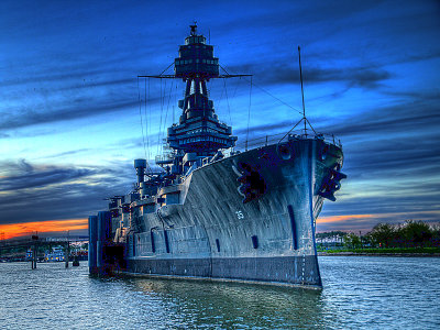 Battleship Texas after sunset 