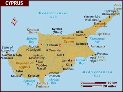 Map of Cyprus with the star indicating Nicosia.