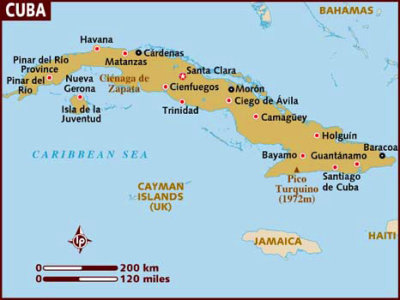 Map of Cuba with the star indicating Santa Clara.