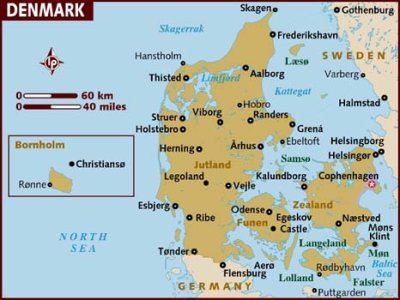 Map of Denmark with the star indicating Copenhagen.