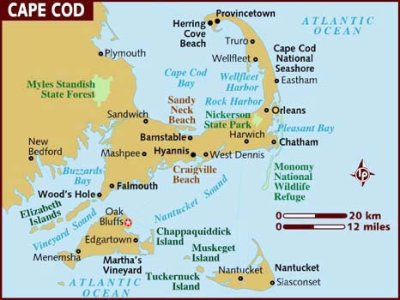 Map of Cape Cod with the star indicating Oak Bluffs, Martha's Vineyard.