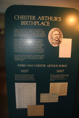 Sign explaining that there is controversy as to when Chester Arthur was born.