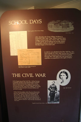Sign describing Arthur's school days and Arthur's service in the Union Army as a brigadier general.
