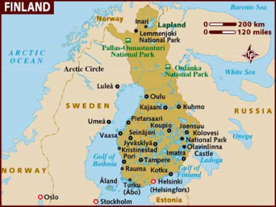 Map of Finland with the star indicating Helsinki.