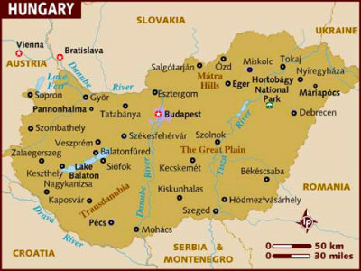 Map of Hungary with the flag indicating Budapest.