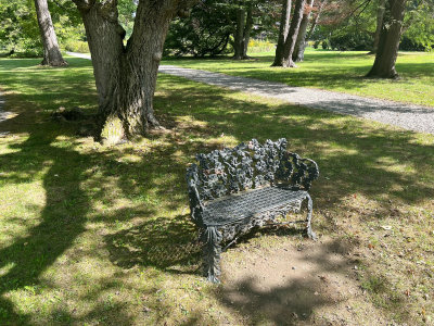 A decorative bench on the lawn under a tree.