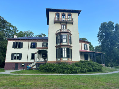 Rear view of Orchard Grove Estate with the Tuscan tower facing the Hudson River.