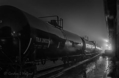 Tanker Train On A Foggy Night P1500462-8 BW
