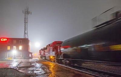 Tanker Train Departing In Night Fog P1500476-82