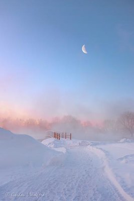 Crescent Moon Over Footbridge Winter Approach 90D13722