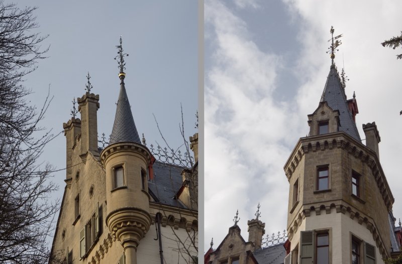 Details of faade and roof of Meysembourg Castle