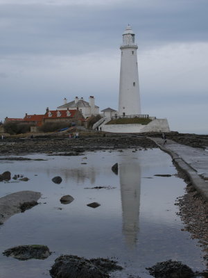 St Mary's Lighthouse from causeway with reflection