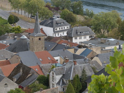 Rooftops of Ehnen houses huddled around the village church