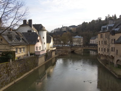 Alzette river in Pfaffenthal looking up towards Eglise St Michel