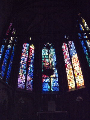 Light pouring through the Chagall stained glass at the cathedral