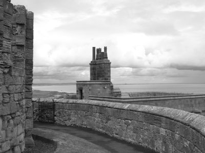 From the ramparts of Bamburgh Castle towards Holy Island BW