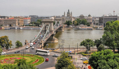 Looking down from the Buda Castle, the Szechenyi Chain Bridge