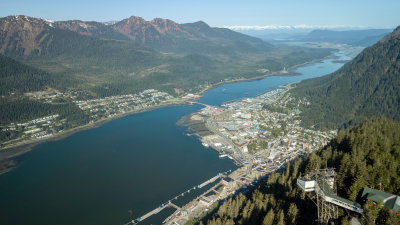 Drone photo of Juneau from above the Mt. Roberts Tram