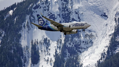 Alaska Airlines on final approach to the Juneau, Alaska airport