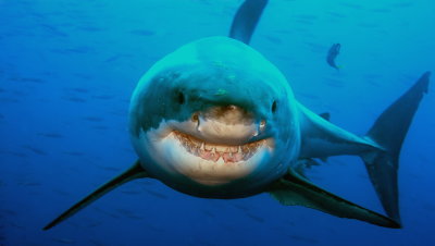 B09 Amos Nachoum Smiling Great White Shark Guadalupe    כריש לבן מחי