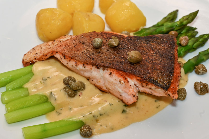 Salmon and Asparagus with Tarragon Hollandais Sauce and Capers