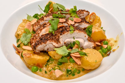 Coconut Chicken with Potatoes, Peas and Toasted Almonds