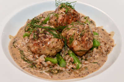 Veal Meatballs with Mustard Dill Sauce, Asparagus and Spelt.