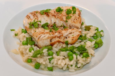 Cod with Pea and Asparagus Risotto