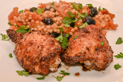 Za'atar Chicken with Giant Coucous, Tomatoes and Olives