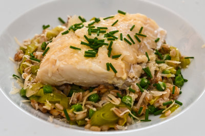 Smoked Haddock with Spelt, Leek and Pea Risotto