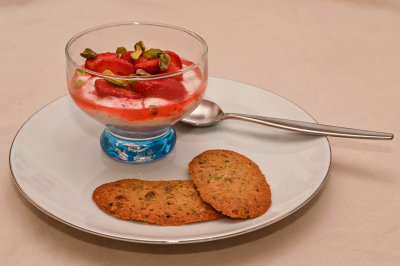 Strawberry Labneh with Pistachio & Coriander Seed Biscuits
