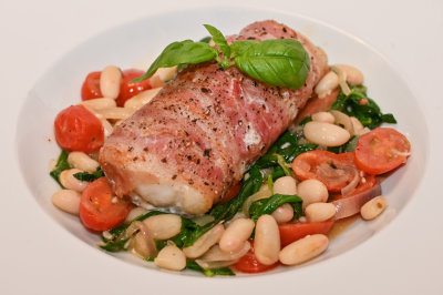 Pancetta-Wrapped Cod with Beans and Tomatoes