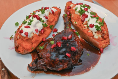 Roast Duck Legs with Pomegranate Sauce and Sweet Potatoes