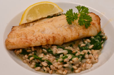 Cod with Spinach and Spelt Risotto