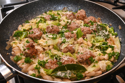 Sausage Meatballs with Cabbage and Canellini Beans