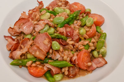 Bacon, Asparagus, Bean and Tomato Spelt Risotto.