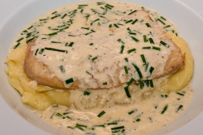 Smoked Cod with Chive Crème Fraîche Sauce on Cheesy Mashed Potatoes