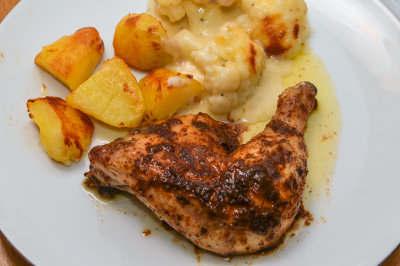 Oven Roasted Chicken Legs with Cauliflower Cheese