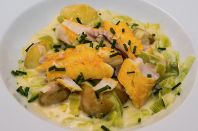 Smoked Haddock with New Potatoes, Leeks and Chives